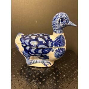Nora Fenton ceramic duck trinket box with blue and white design.